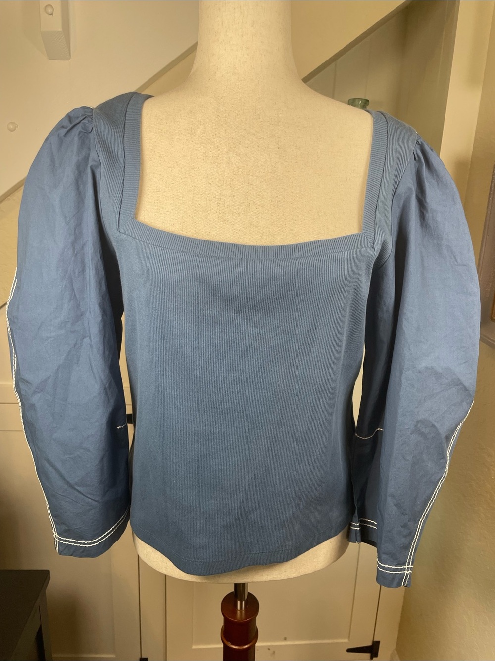 Cleobella XL Slate Blue Ribbed Knit Square Neck Puff Sleeve Top GOTS Organic